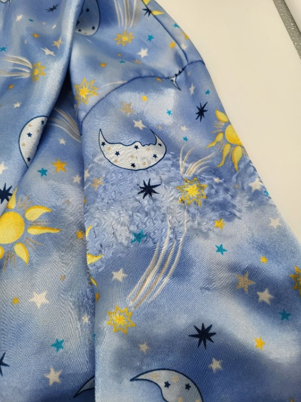 Vintage Kathryn Women LG Blue Satin Robe Sun Moon Stars Print 90s Celestial - Picture 9 of 10